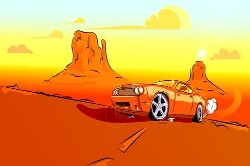 Ready for the Heat? Your Summer Car Maintenance Checklist for the Queen Creek AZ heat. Ace Performance Automotive, Queen Creek Az.; image of cartoon desert scene with red sports car driving on road